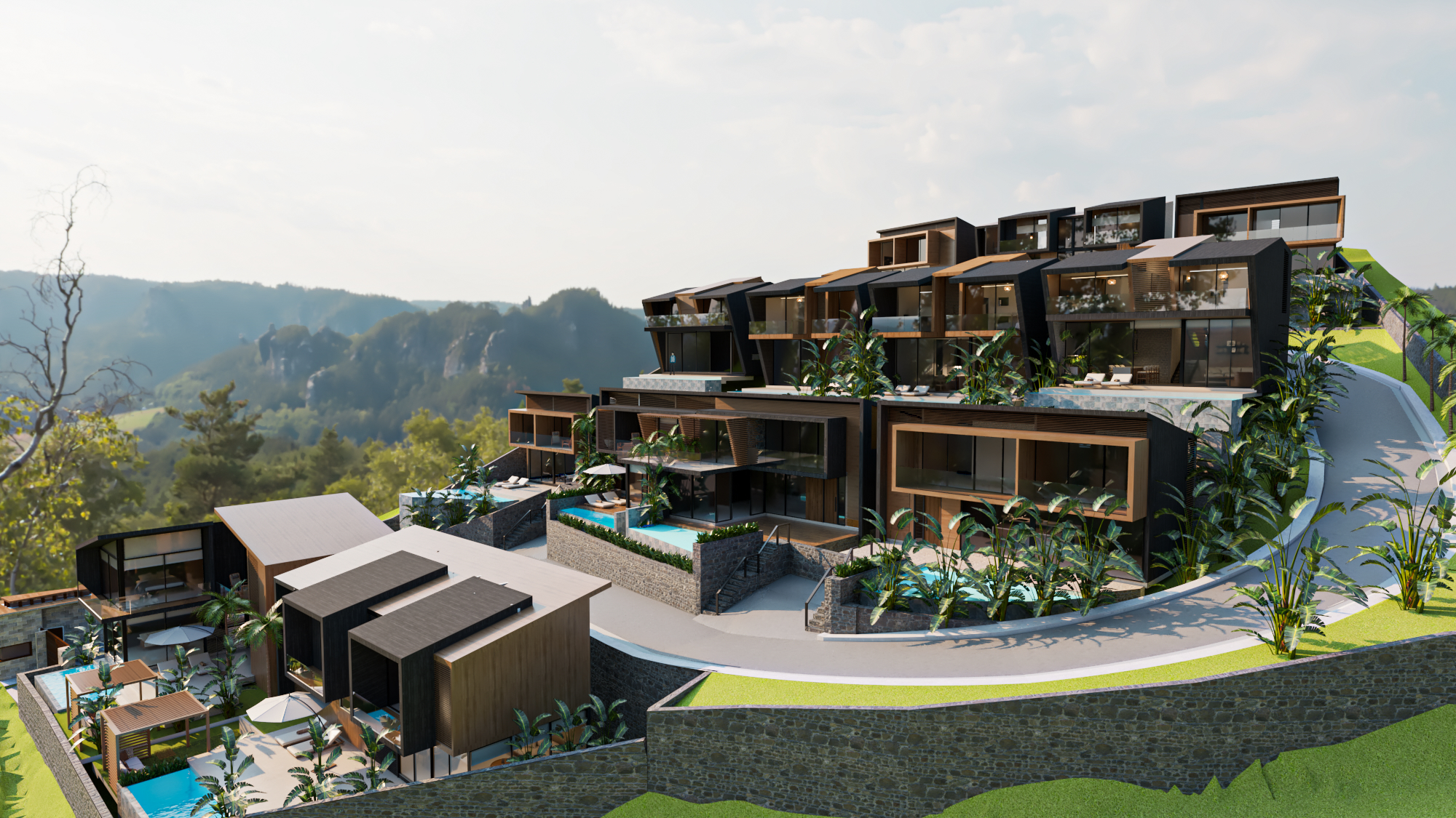 Computer-generated render of Blue Valley Villas on a west-facing hillside at dusk