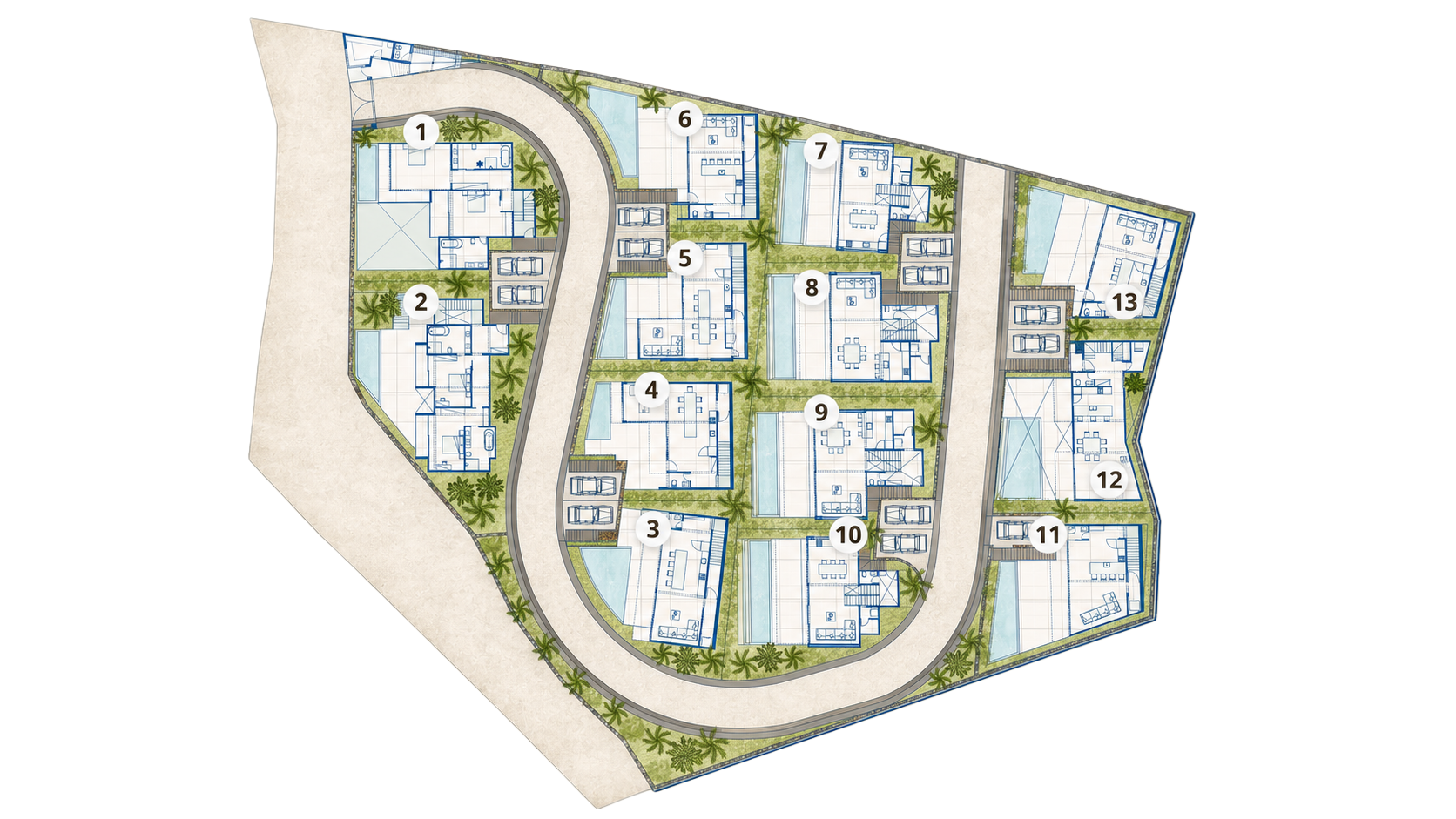 Site plan of thirteen villas across one west-facing hillside